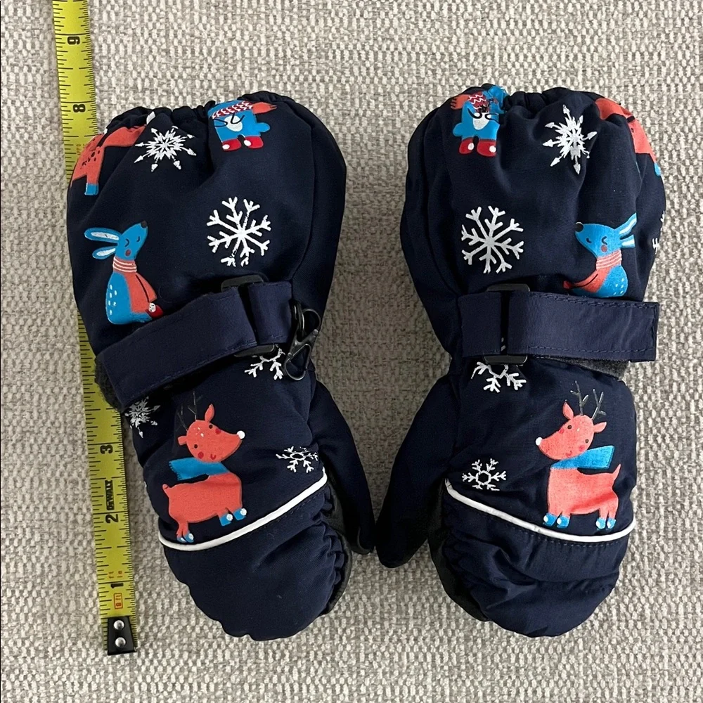 Kids Navy Winter Mittens with Reindeer and Snowflake Print